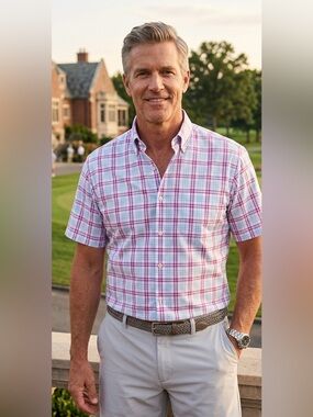 Peter Millar Summer Comfort Plaid Button Down Shirt Size M Short Sleeve